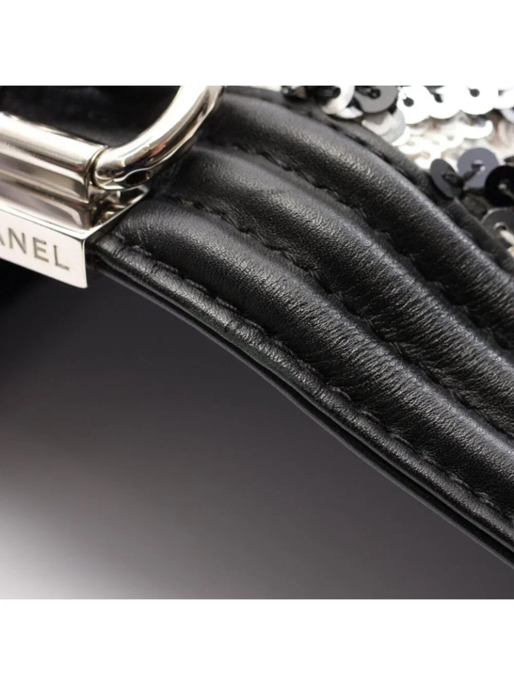 Chanel Shoulder Bag Boy Sequin Black White Lambskin Chain